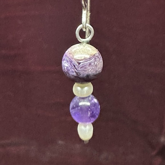 Handmade Purple Dangle Style Amethyst & Pearl Earrings Artisan - Picture 2 of 2